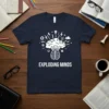 Exploding Minds t-shirt design featuring a stylized brain with an explosion of ideas, lightbulbs, and gears