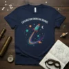 Navy t-shirt with white text "Exploration Knows No Bounds" above a colorful rocket ship with planets and stars in a