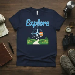 Navy blue t-shirt with the word "Explore" above a compass design, mountain, and landscape