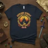 Explore Hyrule Est '86 t-shirt design featuring a circular compass graphic with a castle silhouette, mountains, and trees