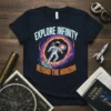 Astronaut floating in a colorful nebula with text "Explore Infinity Beyond The Horizon" on a dark t-shirt