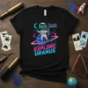 Dinosaur astronaut holding an "Explore Uranus" flag, standing on a planet ring, with "Explore Uranus" text