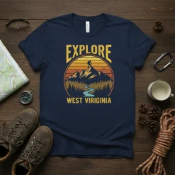 Explore West Virginia vintage t-shirt with a hiker on a mountain peak at sunset