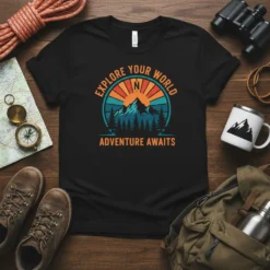 Black t-shirt with "Explore Your World Adventure Awaits" text and mountain sunset graphic, featuring compass rose and pine trees
