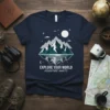 Navy t-shirt with "Explore Your World Adventure Awaits" text and a stylized mountain reflection graphic