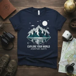 Navy t-shirt with "Explore Your World Adventure Awaits" text and a stylized mountain reflection graphic