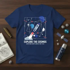 T-shirt with "Explore The Cosmos Adventure Awaits Among The Stars" text and rocket ship graphic in a cosmic scene