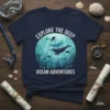 Navy t-shirt with 'Explore The Deep Ocean Adventures' text and illustration of scuba diver, whales, and fish underwater