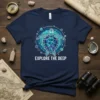 Explore The Deep t-shirt with a geometric sea turtle and bubbles design, navy blue shirt