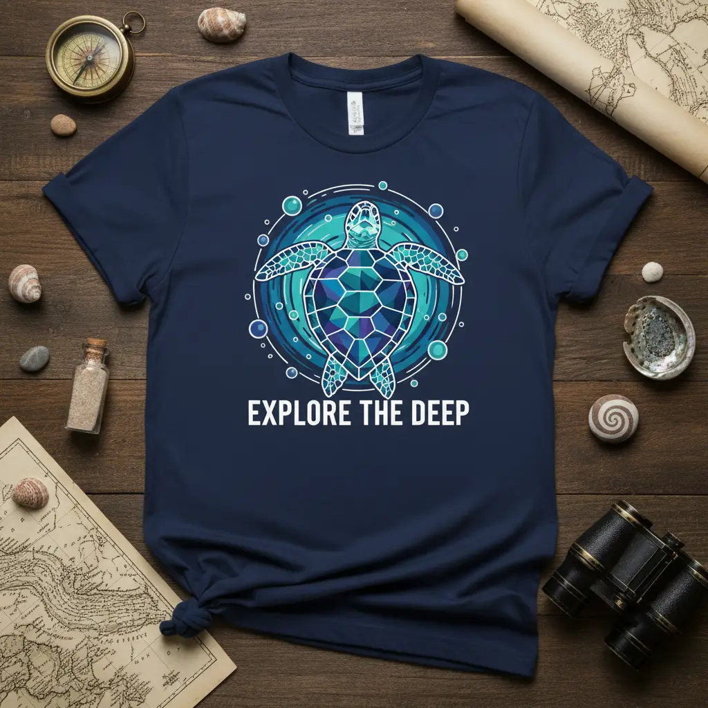 Explore The Deep quote on a navy blue t-shirt with a geometric sea turtle and bubble design