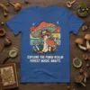 Explore the Fungi Realm Forest Magic Awaits text with colorful mushroom illustration on a royal blue t-shirt