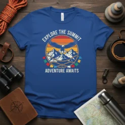 Explore the Summit Adventure Awaits t-shirt design featuring mountains, eagle, and sunset graphic