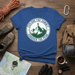Explore The Summit Conquer The Peak t-shirt with a circular graphic of a hiker on a mountain peak and evergreen