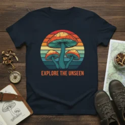 Retro sunset graphic tee with "Explore The Unseen" text and colorful mushrooms, navy blue shirt
