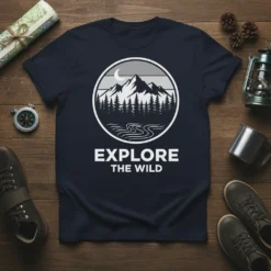 Explore The Wild t-shirt with mountain, moon, and river graphic in a circle, white text below
