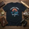Explorer's Journey Navigate Your World T-Shirt featuring a world map, sailing ship, and lighthouse graphic