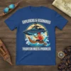 T-shirt design featuring "Explorers & Visionaries Tradition Meets Progress" with a man in a traditional boat and another in a