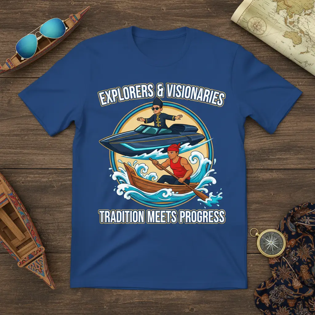 Explorers & Visionaries Tradition Meets Progress design with traditional boat and modern speedboat graphic