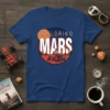 Exploring Mars t-shirt design featuring a Mars rover, orange sun, and mountains under a starry sky
