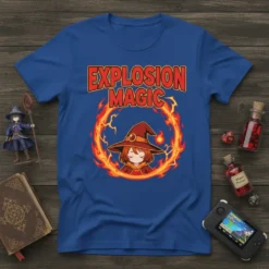 Explosion Magic text with a chibi anime wizard girl surrounded by flames on a blue t-shirt