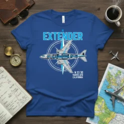 Extender Travis AFB California T-Shirt with detailed airplane schematic and compass rose graphic