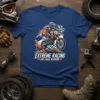 Extreme Racing Dirt Track Warriors t-shirt design featuring a motocross rider, checkered flag, mountains, and orange accents