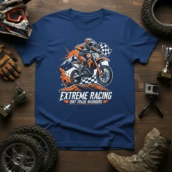 Extreme Racing Dirt Track Warriors t-shirt design featuring a motocross rider, checkered flag, mountains, and orange accents