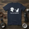 Navy t-shirt with white graphic: Dog silhouette > Cat silhouette, text "Fact not Opinion"