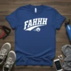 Blue t-shirt with white "FAHHH" text and a distressed emoji, representing workout struggle