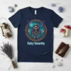 Fairy Security t-shirt design with a warrior fairy, owls, and Celtic knot border
