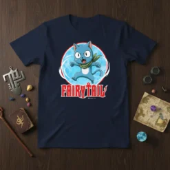 Fairy Tail Cat T-Shirt featuring a blue anime cat with a green scarf and the Fairy Tail logo below