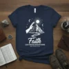 Christian t-shirt with "Faith CAN MOVE MOUNTAINS MATTHEW 17:20" text, a hand reaching towards a mountain peak under the sun