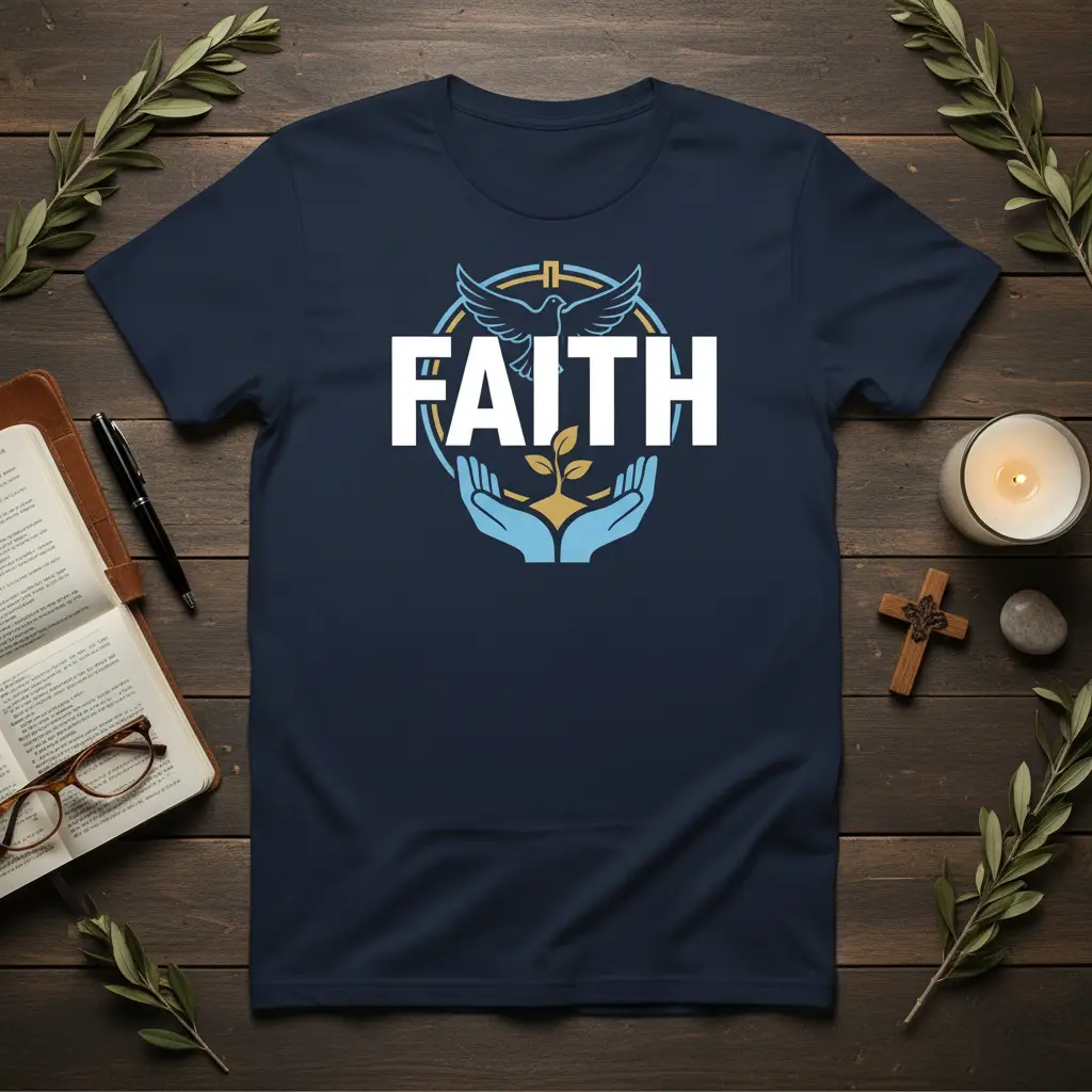 FAITH t-shirt design featuring a dove, nurturing hands, and a sprout, symbolizing spiritual growth and belief