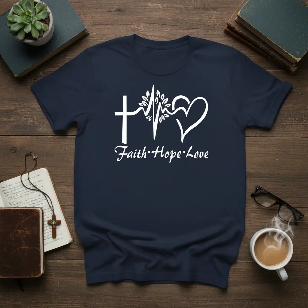 Faith Hope Love quote with cross, heartbeat, and heart graphic on navy tee for Christian wear