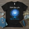 Faith Hope Love Myositis Awareness t-shirt with a blue galaxy swirl tree and butterflies