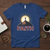 FAITH t-shirt with a person standing on a mountain peak at sunrise, religious Christian apparel