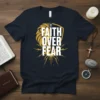 Faith Over Fear Christian T-Shirt with lion and shield design, white text on navy shirt