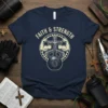 Faith & Strength Christian workout t-shirt featuring a cross, kettlebell, and muscular arms graphic