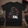 Black t-shirt featuring a dynamic cartoon graphic of an owl-like rider in full gear on a sportbike with "FAL" text