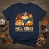 Fall Vibes Pumpkin Spice & Everything Nice t-shirt design featuring autumn leaves, coffee, pancakes, and pie