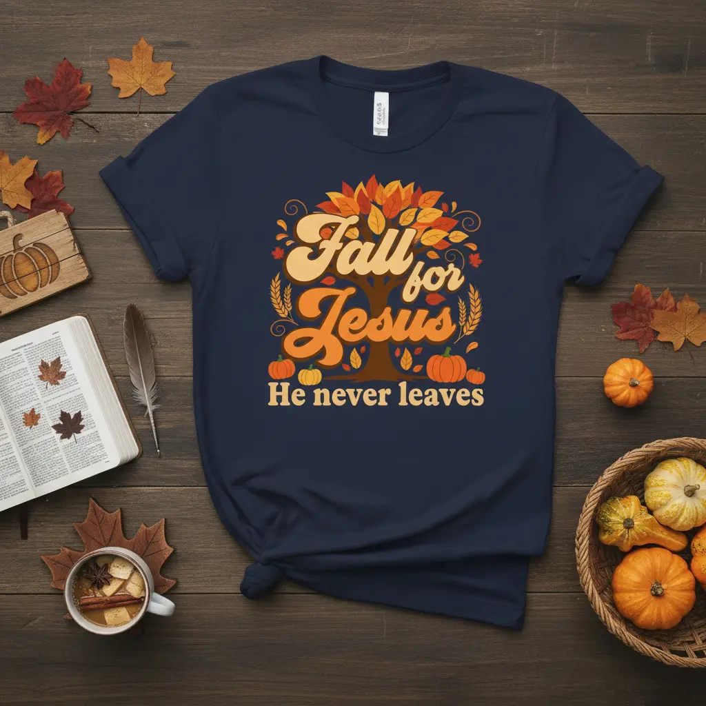 Fall for Jesus He never leaves Christian autumn t-shirt with colorful tree and pumpkins graphic