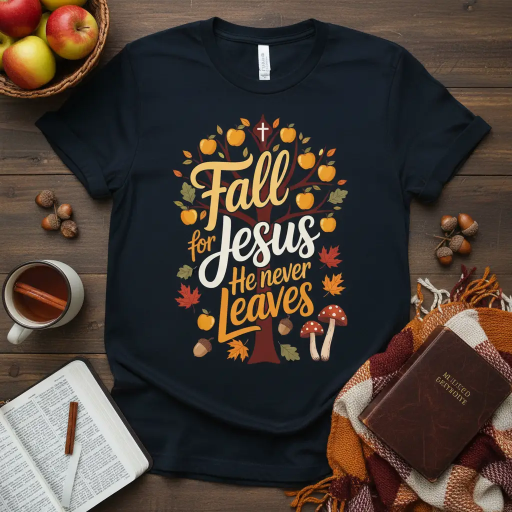 Fall for Jesus He never leaves quote with autumn tree design on a navy t-shirt