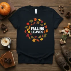 Falling Leaves graphic t-shirt with a circular wreath of colorful autumn leaves and white text that reads "FALLING LEAVES"