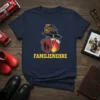 FamilienEhre t-shirt design with firefighter helmet, shield showing father and child, and flames