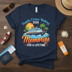 Family Cruise Making 2026 Memories FOR A LIFETIME text with a cruise ship and tropical island graphic