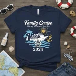 Family Cruise Making Memories Together 2024 t-shirt design with cruise ship, palm trees, sun, anchor, and ship's wheel graphic