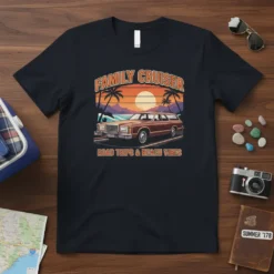 Family Cruiser Road Trips & Beach Vibes t-shirt design featuring a retro station wagon, palm trees, and a sunset