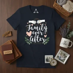 Family Ever After quote in elegant script with heart and leaf graphics on a navy t-shirt