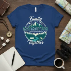 Family Expedition Making Memories Together t-shirt with mountain, tent, and camper van design
