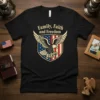 Family Faith and Freedom USA eagle graphic t-shirt with American flag shield and patriotic text